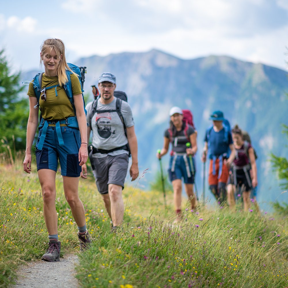 Sportieve bergwandelaars die met stevige bergschoenen door een Alpen weide lopen.