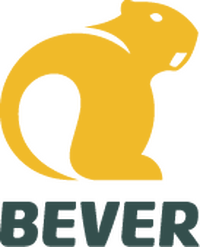 Een eenvoudig geel silhouet van een bever, naar rechts kijkend, met daaronder het woord BEVER in vetgedrukte grijze letters.