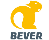 Een eenvoudig geel silhouet van een bever, naar rechts kijkend, met daaronder het woord BEVER in vetgedrukte grijze letters.