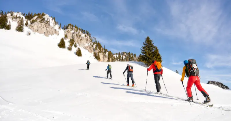 Vijf mensen in winterkleding lopen met skistokken een besneeuwde berghelling op, omringd door dennenbomen en rotswanden onder een stralend blauwe hemel.