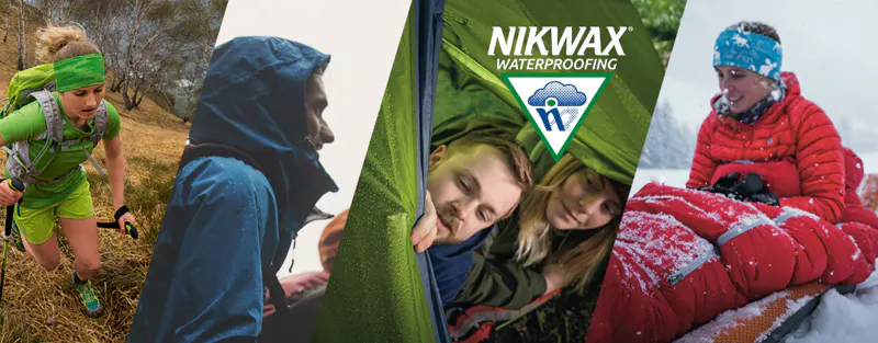 Op vier beelden zijn mensen te zien die in verschillende weersomstandigheden wandelen, kamperen en buiten uitrusten. In het midden staat het logo met de tekst ‘Nikwax Waterproofing’. De mensen dragen outdoorkleding die geschikt is voor regen, sneeuw en kou.