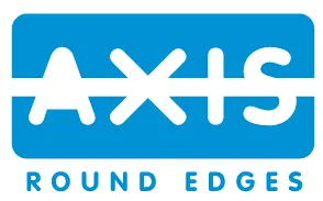 Blauw-wit logo met het woord AXIS in vetgedrukte, afgeronde letters binnen een blauwe rechthoek, en daaronder de woorden ROUND EDGES in kleinere blauwe letters.